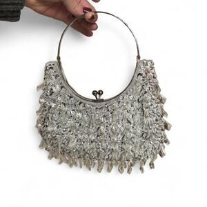 Silver Sequin Beaded Clutch Bag with Metal Handle Bridal Handbag Party